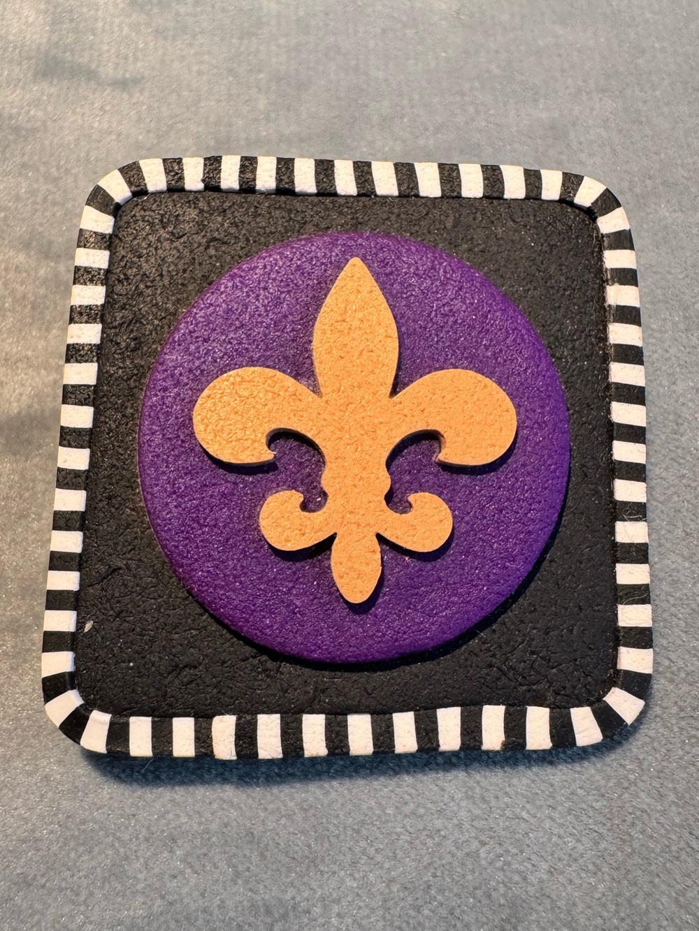 Polymer Clay Brooch Watts at the Zoo Fleur-de-Lis in Purple Gold New Orleans